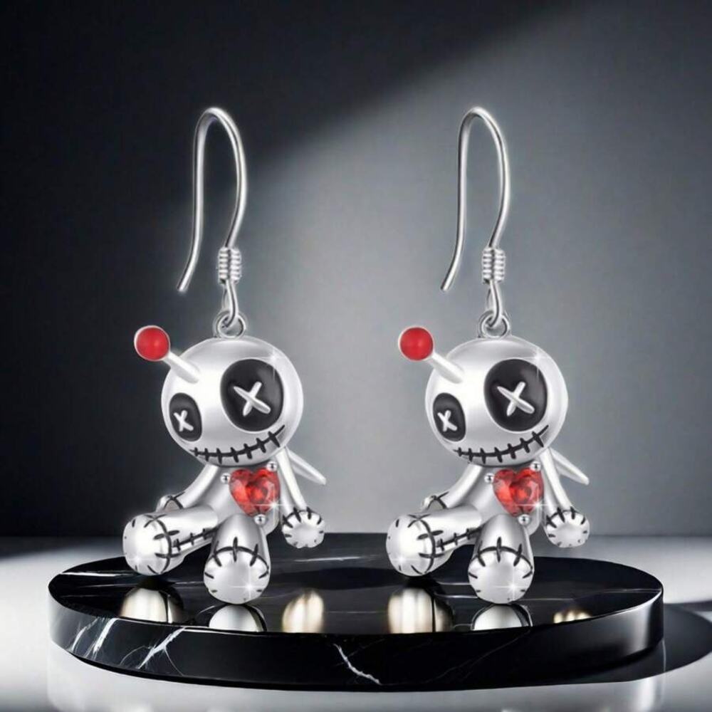 Voodoo Doll Spooky Scary Cute Silver Dangling Earrings